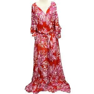 Arna York Maxi Dress Womens 22-24 Coral Floral Lust Worthy Ruffled Euro Summer